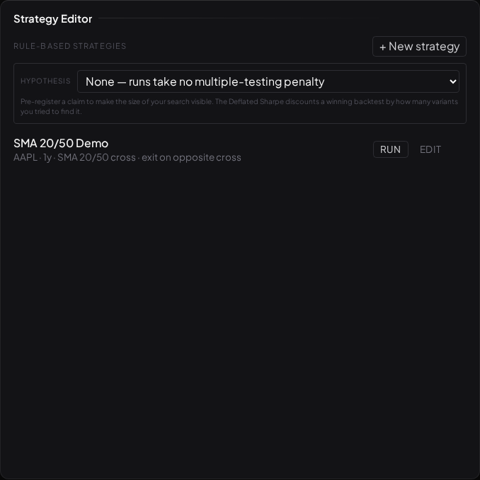 Visor's Strategy Editor listing a rule-based strategy with Run and Edit actions, above the hypothesis pre-registration control